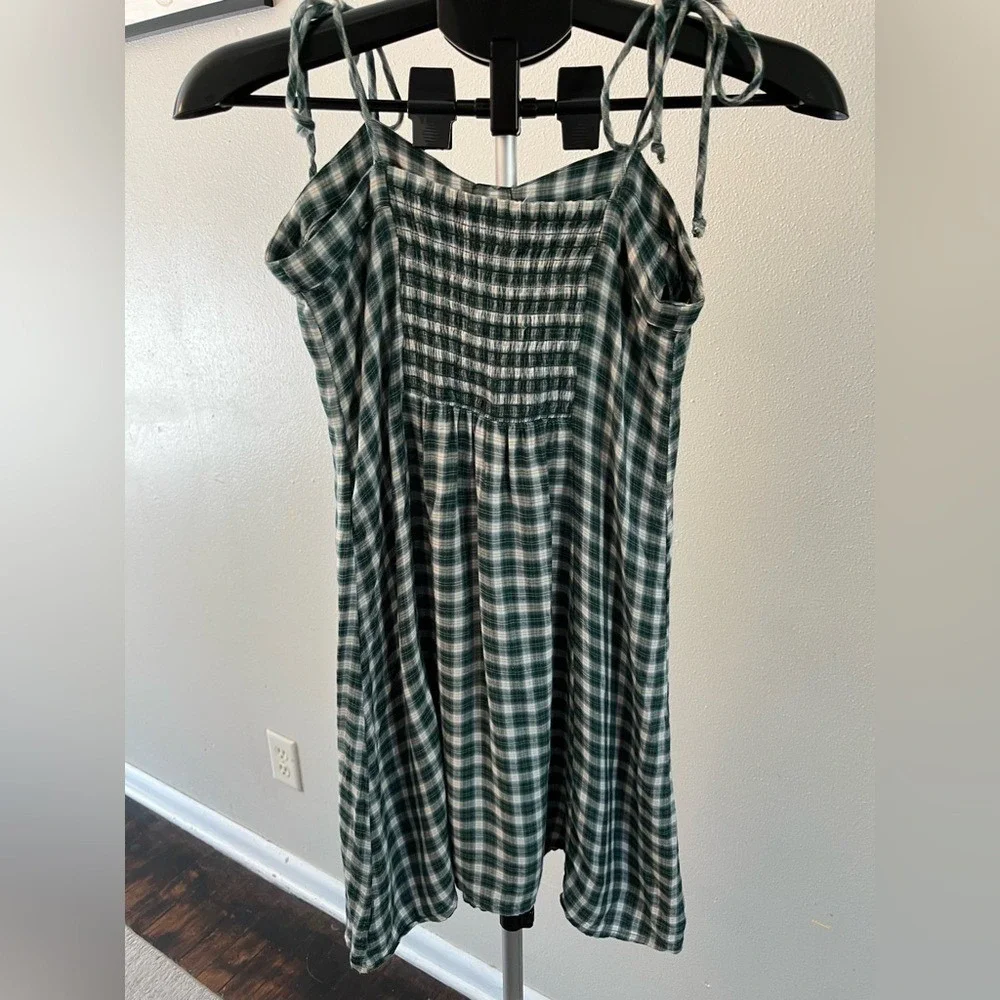 American‎ Eagle Outfitters green small checkered dress spaghetti strap skater - Picture 3 of 5